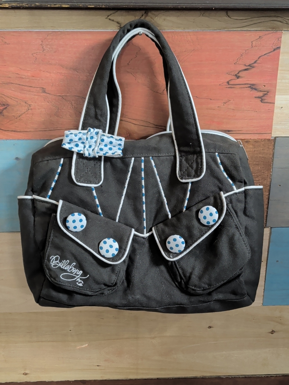 Billabong Black Tote with Light Blue Polka Dot Accents